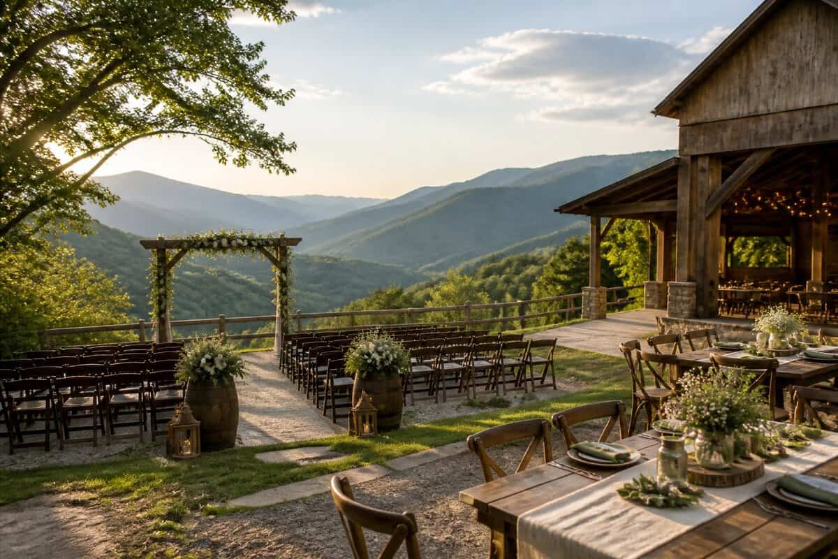 A modest outdoor wedding venue with wooden chairs and a decorated arch overlooking the forested Smoky Mountains.