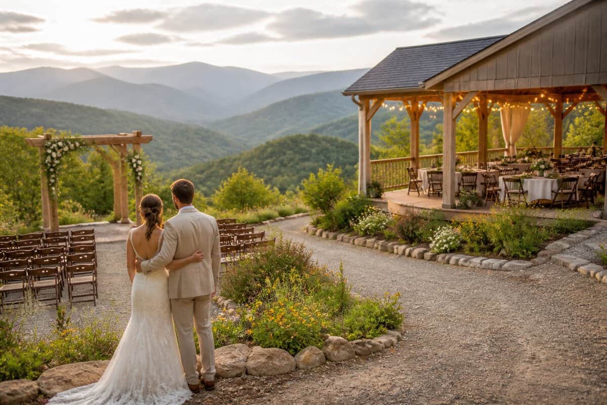 A couple stands beside a simple outdoor wedding venue overlooking the Smoky Mountains.