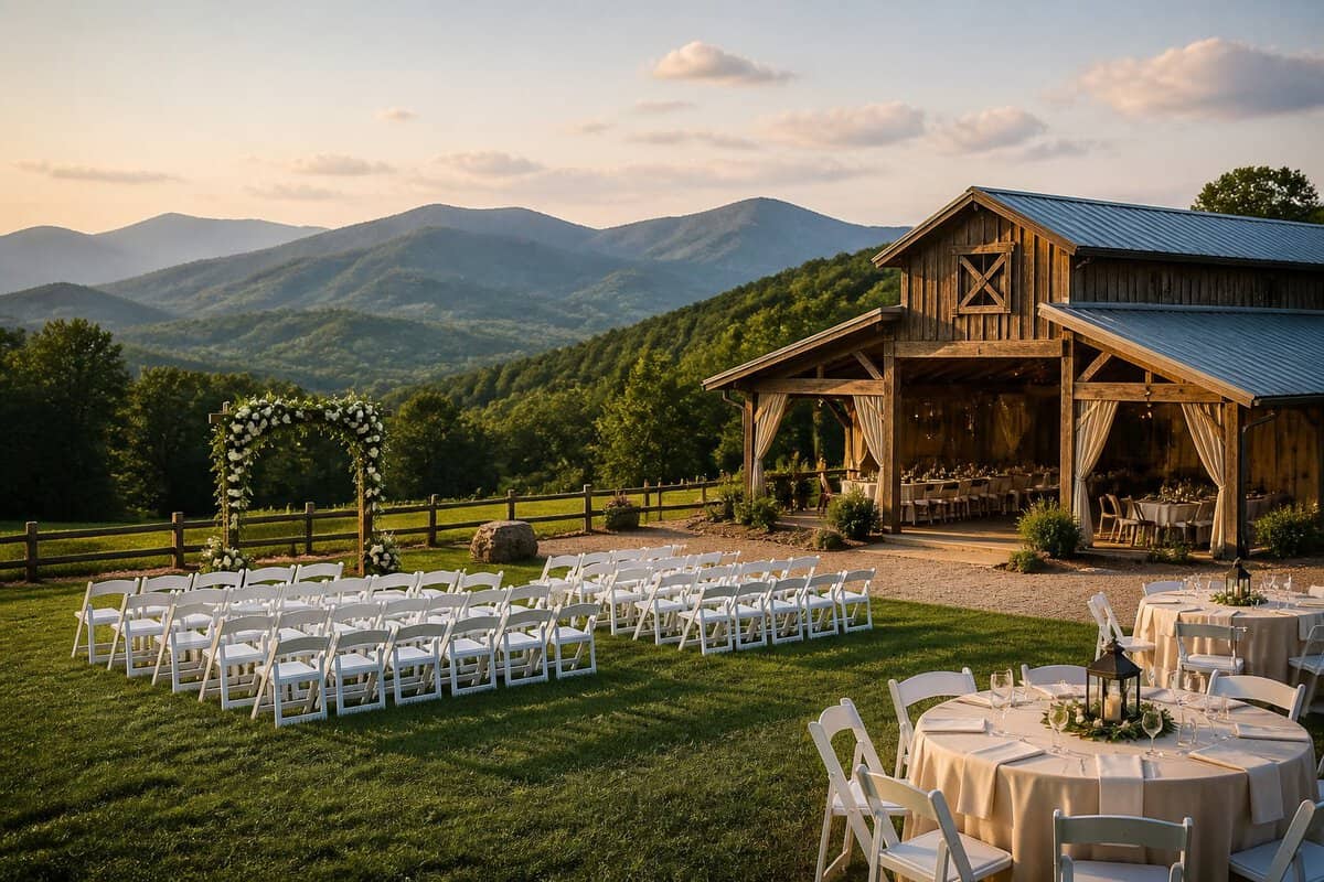 A simple outdoor wedding venue with white chairs, a floral arch, and mountain views.