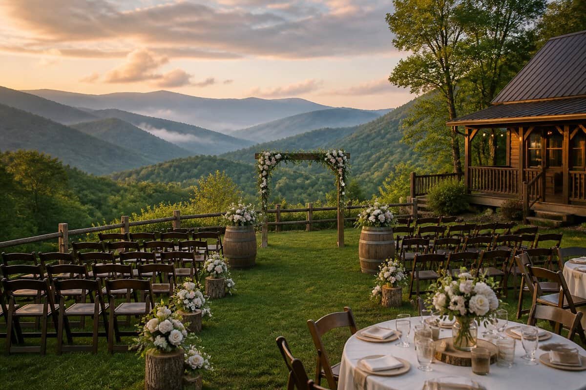 A simple outdoor wedding venue with chairs and floral decorations overlooking the Smoky Mountains.