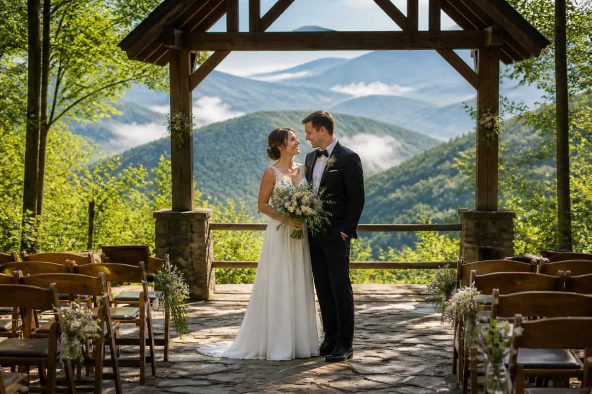 A newlywed couple stands at a simple outdoor ceremony site surrounded by wooded mountains in Great Smoky Mountains National Park.