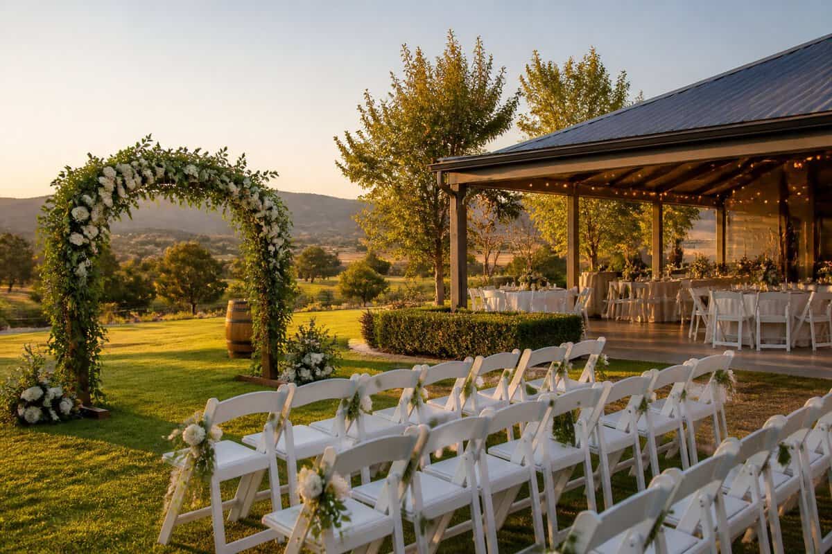 An affordable outdoor wedding venue with simple white chairs, a floral ceremony arch, and landscaped gardens in warm sunlight.