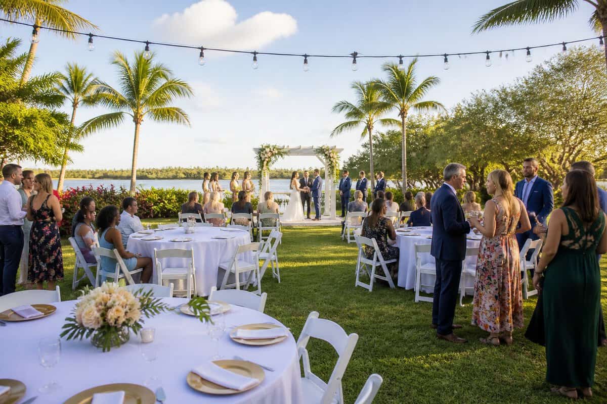 An outdoor wedding ceremony and reception at a modest tropical venue with decorated tables, string lights, and guests.