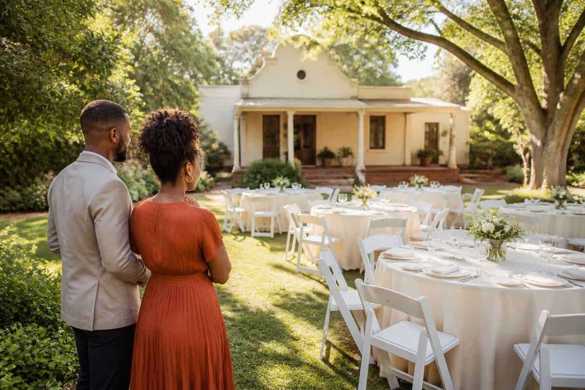 A couple considers an intimate wedding reception setup in a leafy garden venue.