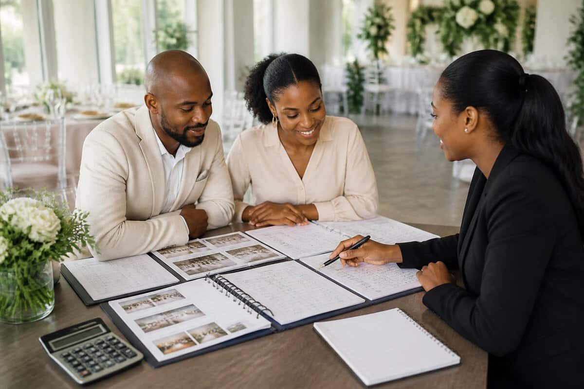 A couple and a wedding coordinator compare venue cost documents at a consultation table.