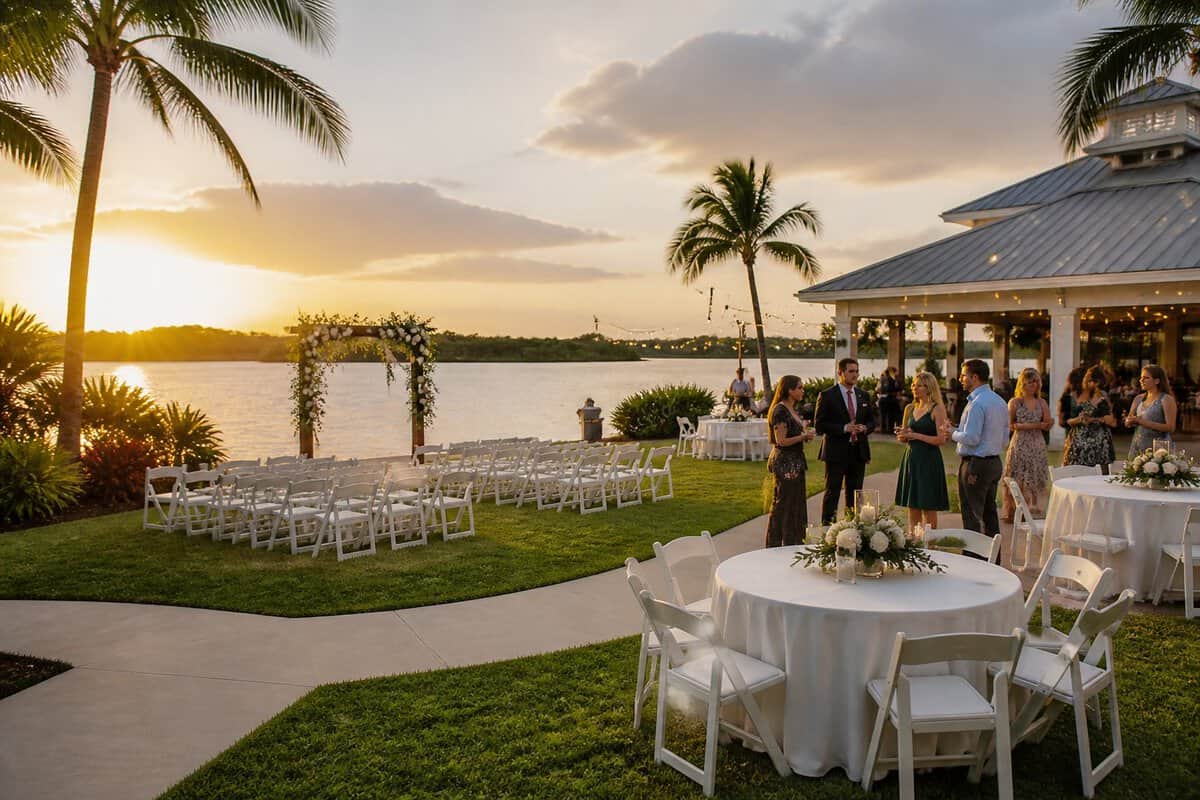 An affordable waterfront wedding venue in Port St. Lucie prepared for a ceremony and reception.