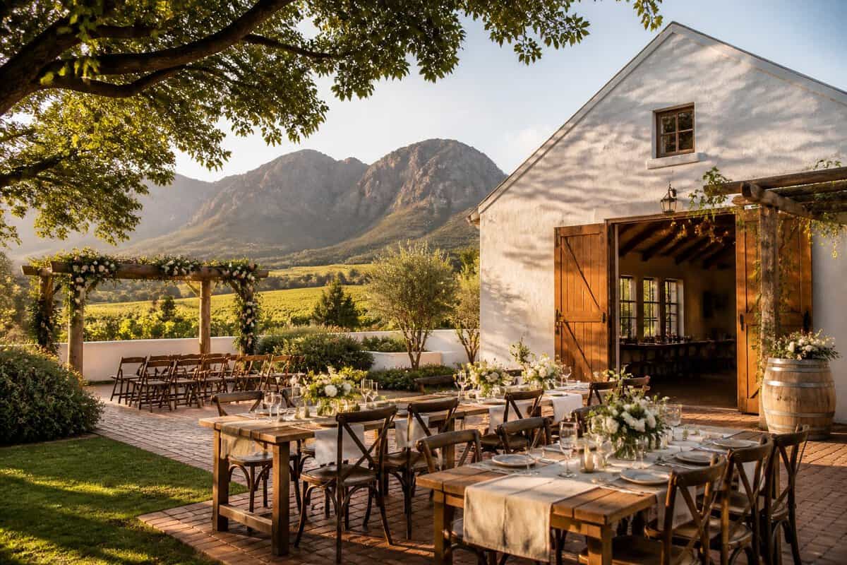 A charming affordable wedding venue among vineyards with mountains in the background.