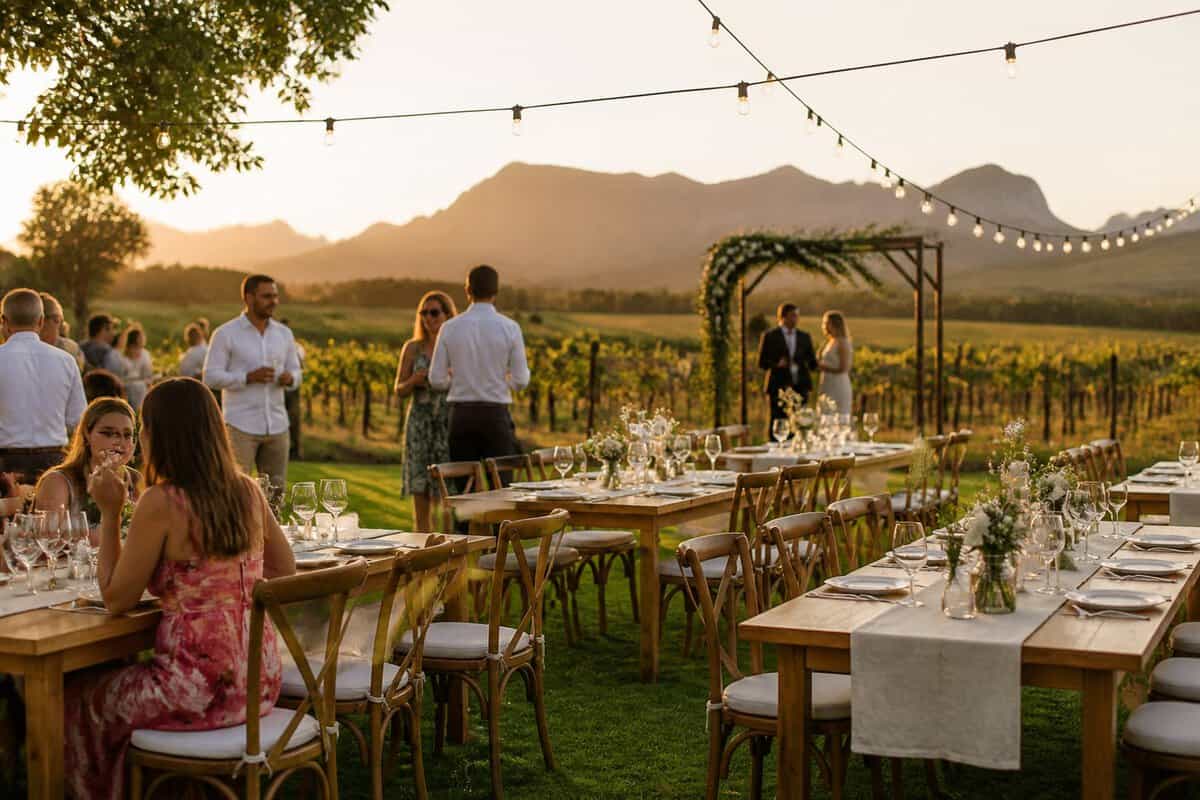 A small outdoor wedding reception at a vineyard with mountains in the background.