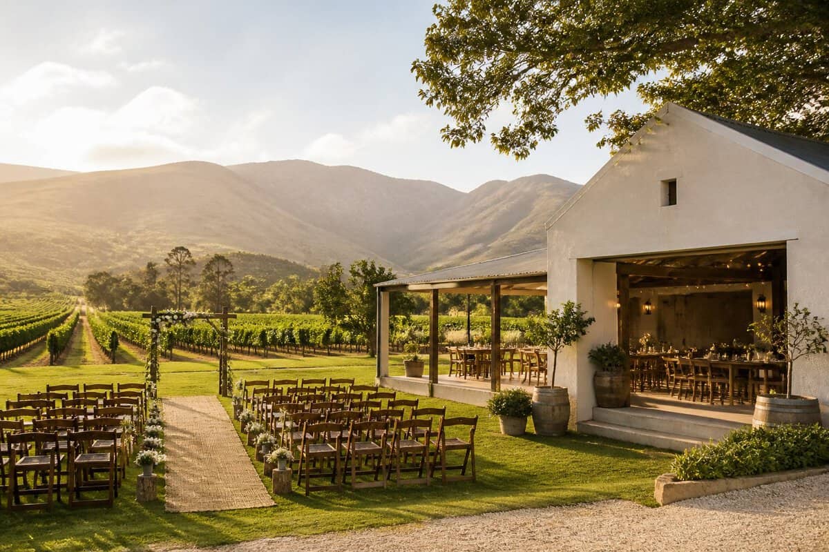 A modest wedding venue beside vineyards in the Stellenbosch countryside.