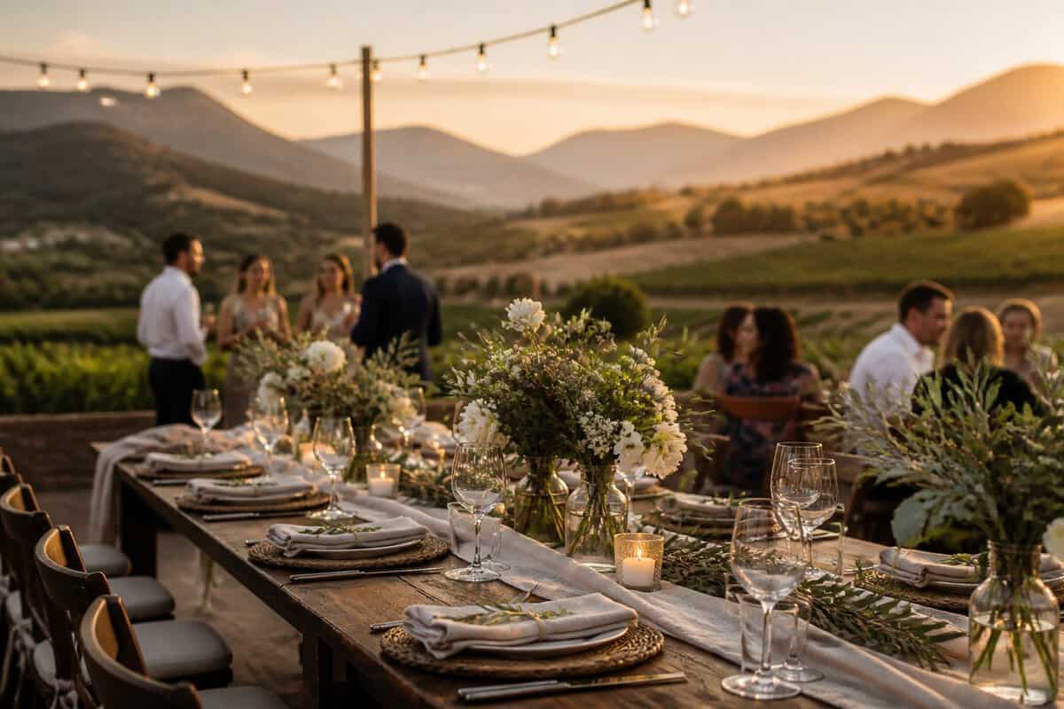 An intimate outdoor wedding reception at a Stellenbosch vineyard with simple elegant table décor and mountain views.