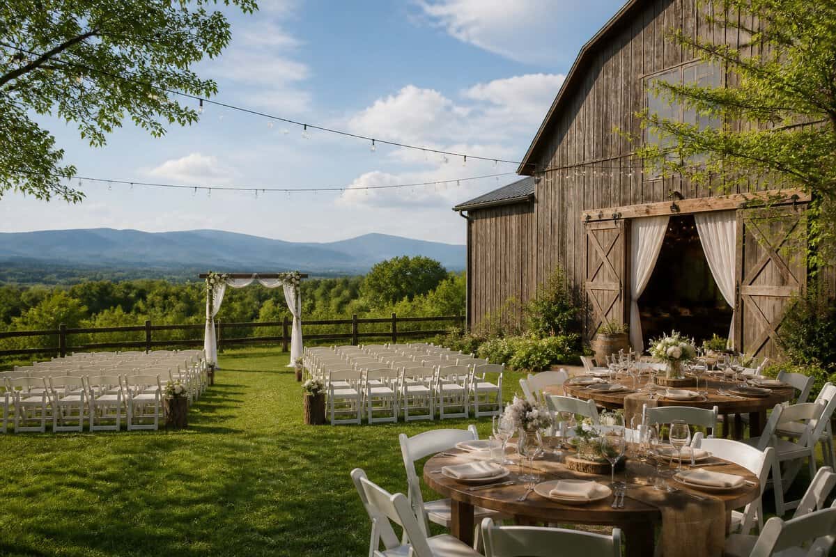 A charming outdoor wedding venue with simple decorations, white chairs, and mountains in the background.