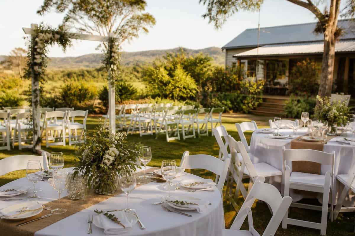 An elegant outdoor wedding reception set up at an affordable Queensland venue.