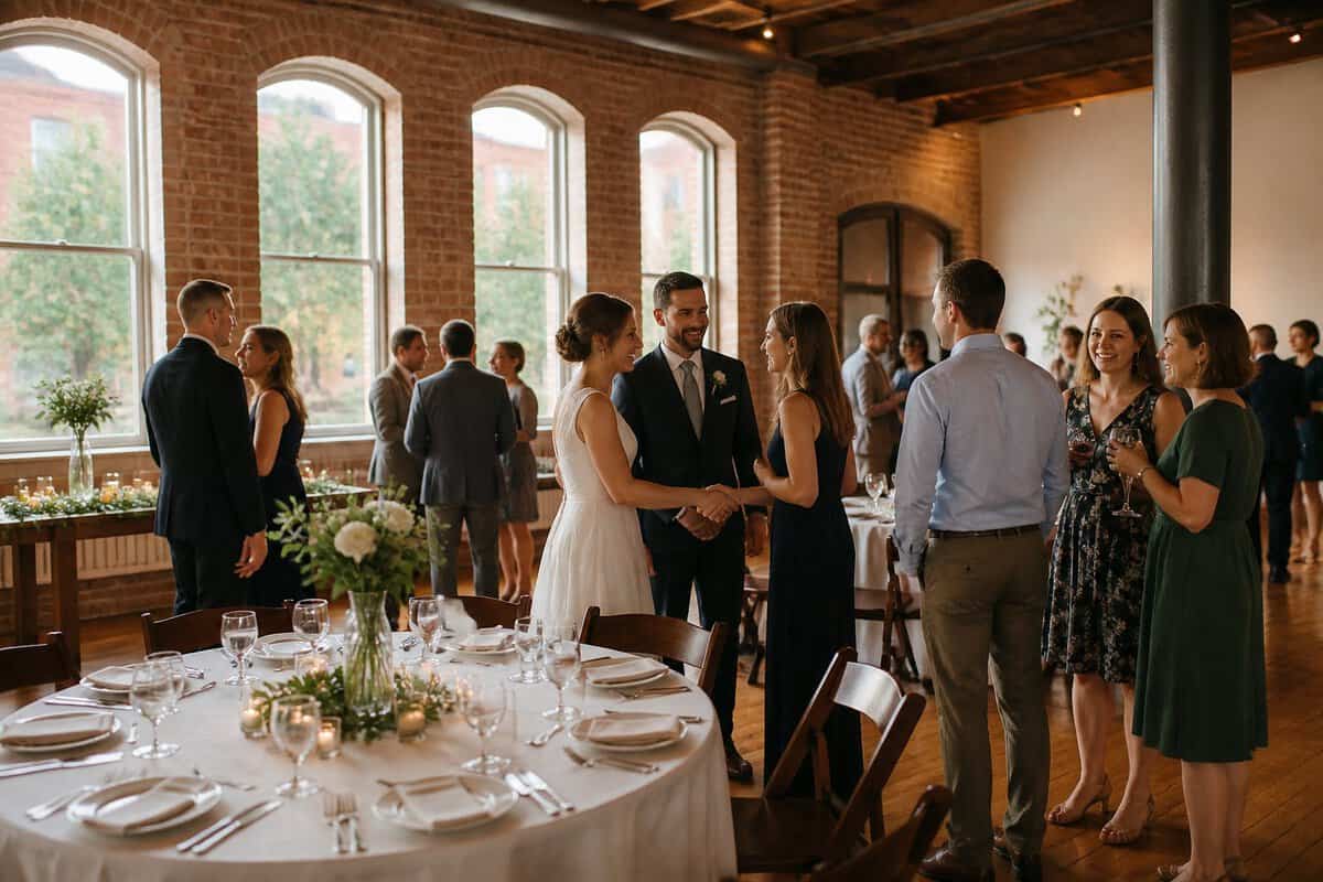 A couple celebrates with guests at a simple wedding reception inside a charming historic downtown venue.