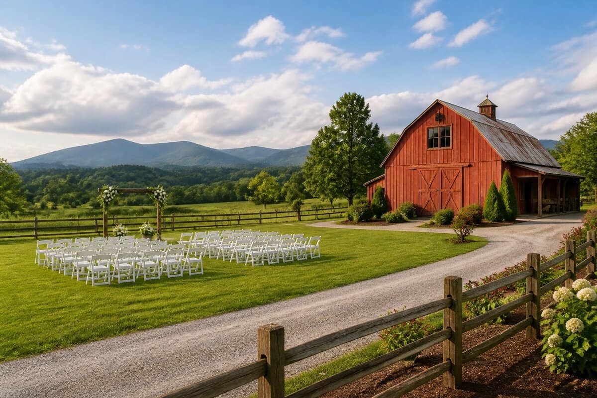 A rustic red barn and outdoor wedding setup in a green meadow with mountains in the background.