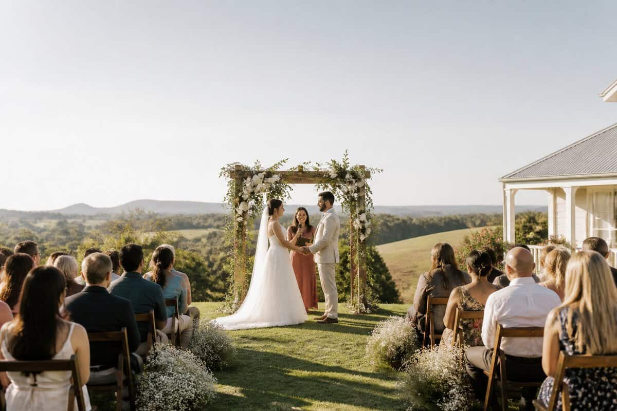 A couple exchanges wedding vows at a simple outdoor ceremony in a scenic Queensland countryside setting.