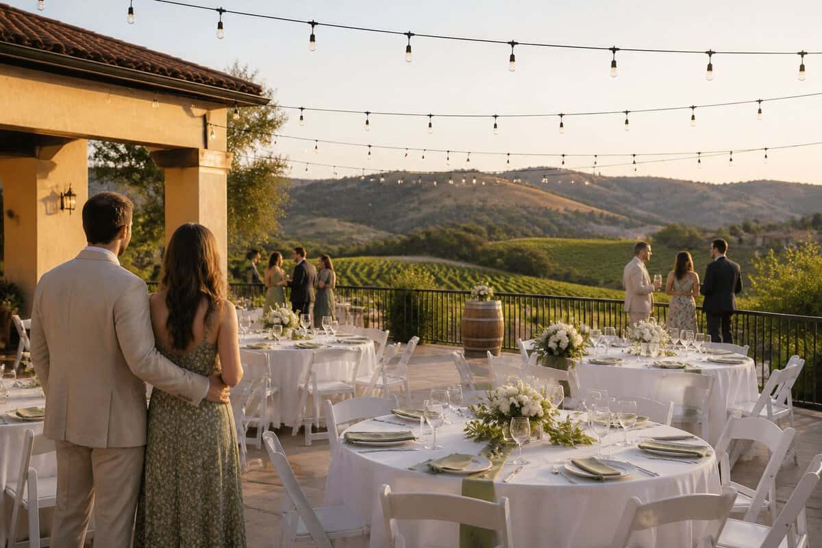 An elegantly decorated outdoor wedding reception overlooking Temecula vineyards.