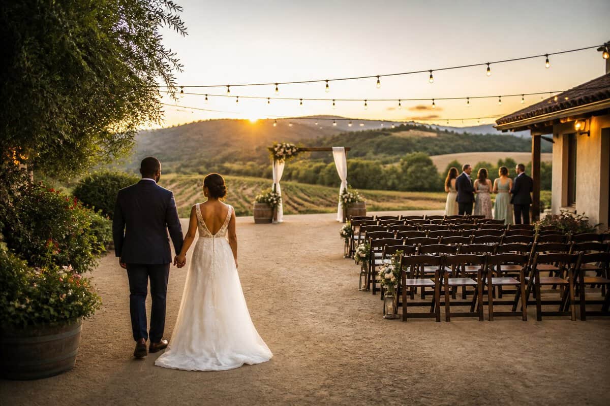 A couple views a simple outdoor wedding venue with chairs, flowers, string lights, and vineyard hills in the background.