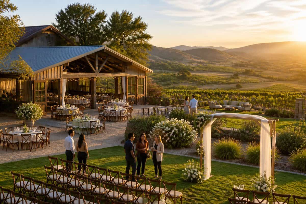 People compare outdoor wedding venue spaces overlooking Temecula vineyards and rolling hills.