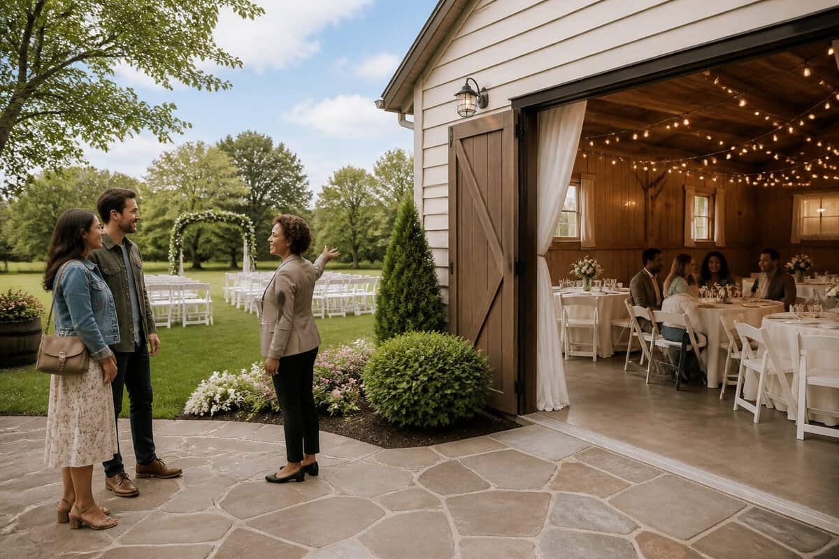 A couple and guests view a charming, affordable wedding venue with an outdoor ceremony area and decorated reception space.