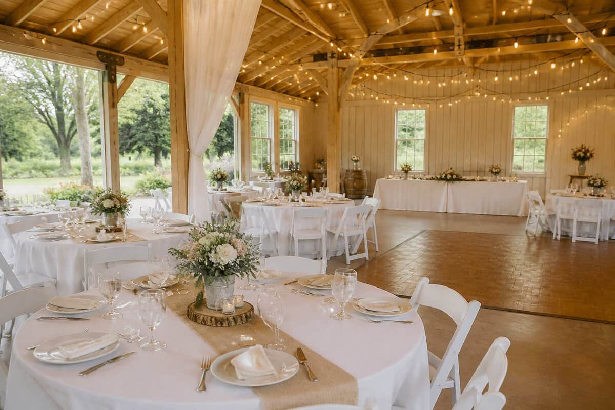 An affordable wedding reception venue with simple floral centerpieces, neatly arranged tables, warm lights, and a garden view.