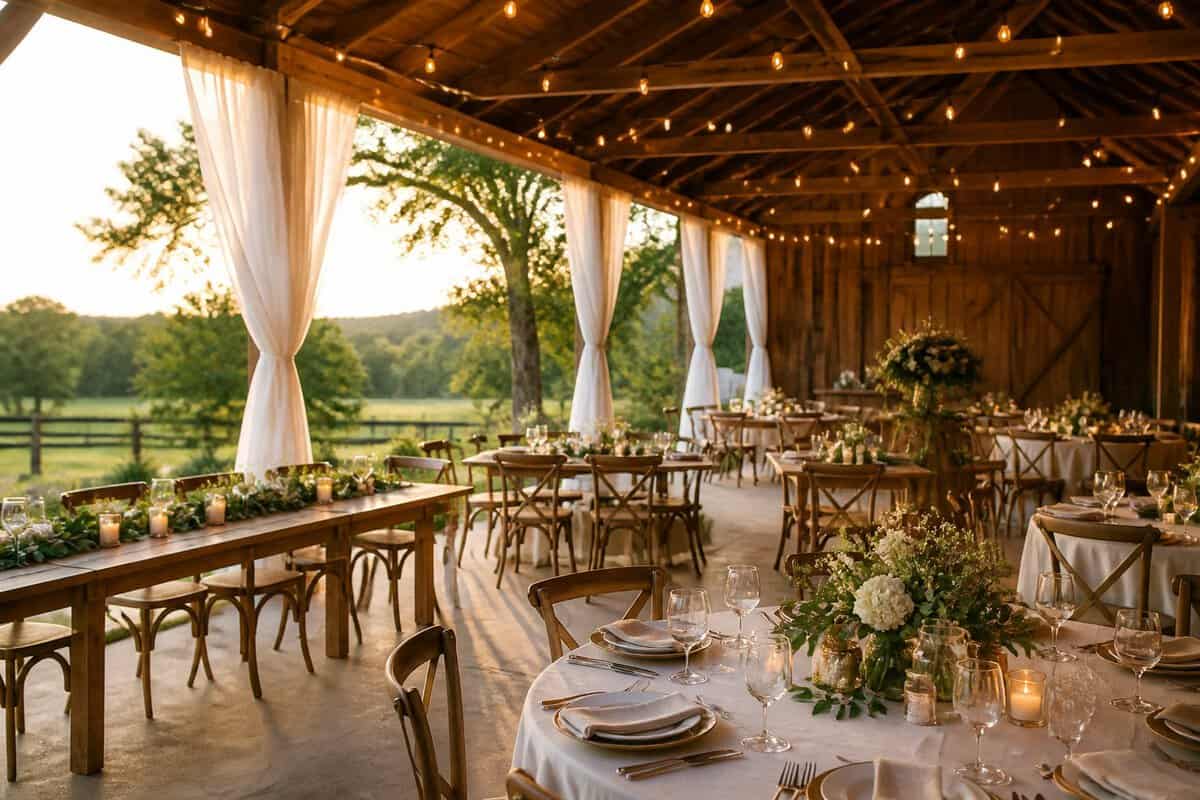 A warmly decorated wedding reception area in a charming outdoor venue.