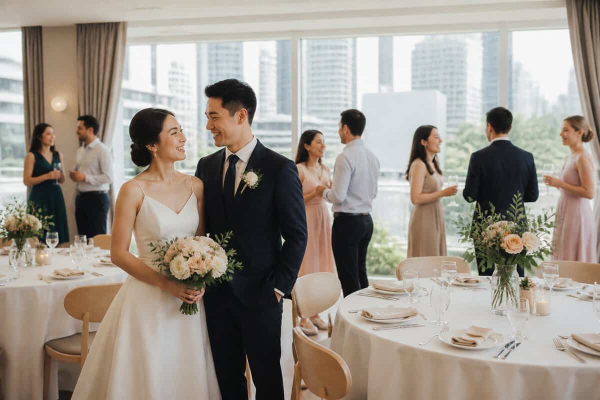 A couple celebrates with guests at a modest, warmly decorated wedding reception venue in Singapore.