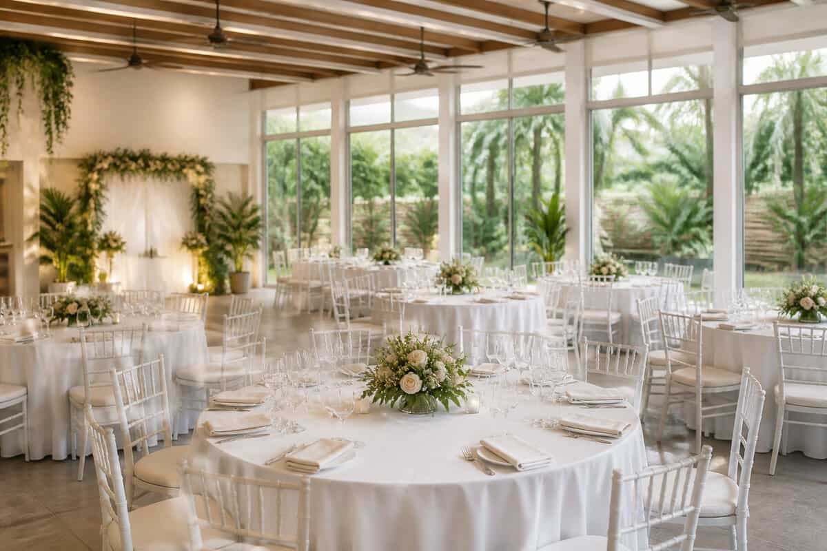 An elegant, modestly decorated wedding reception venue in Singapore with well-spaced tables and lush greenery outside.