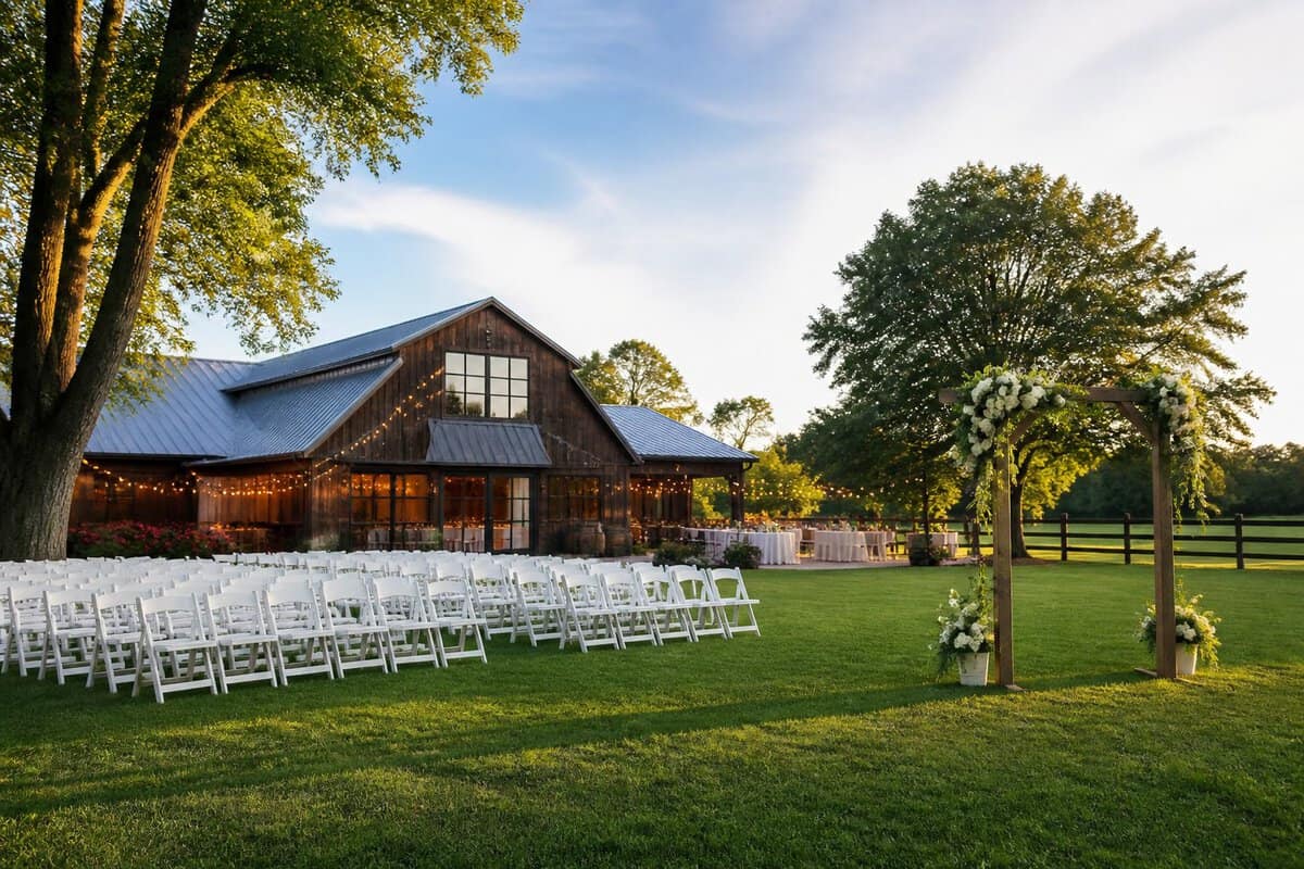 A welcoming South Jersey wedding venue with outdoor seating, a floral arch, and landscaped grounds.