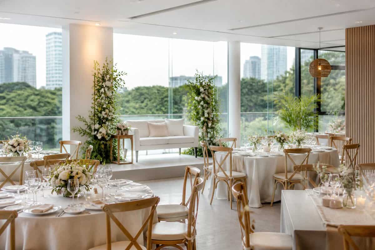 An elegant, modestly decorated wedding reception venue with simple floral decorations, neatly arranged tables, and greenery visible through the windows.