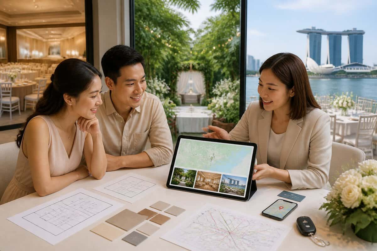 A couple and wedding planner compare venue locations and travel options at a table in Singapore.