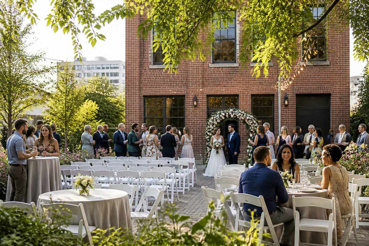A couple and guests gather at an affordable outdoor wedding venue with simple decorations and a brick event hall.
