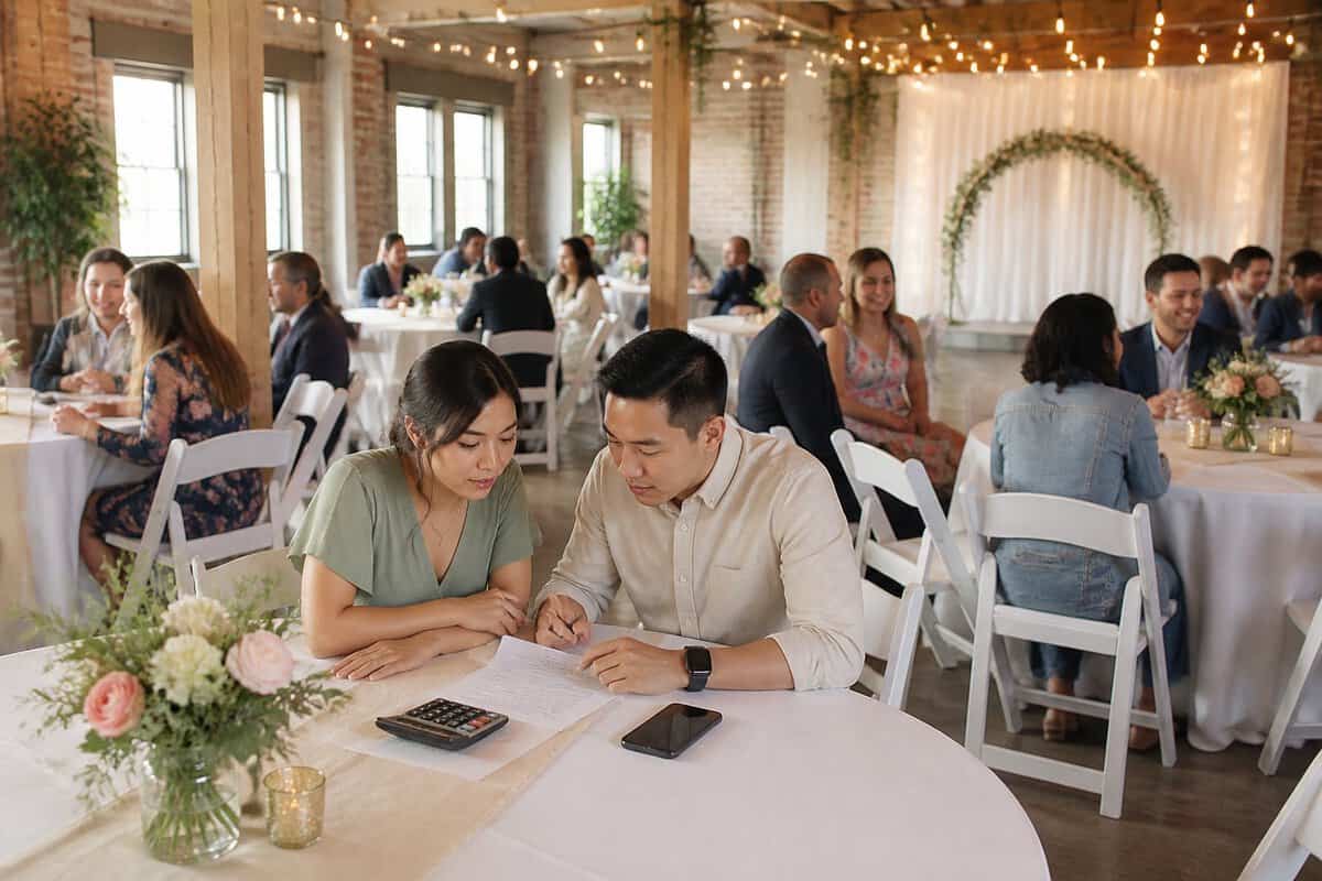 A couple reviews wedding budget materials at a modestly decorated reception venue while guests mingle nearby.