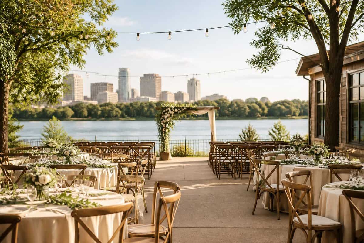 A simple outdoor wedding setup with chairs, tables, flowers, and string lights beside a calm lake.