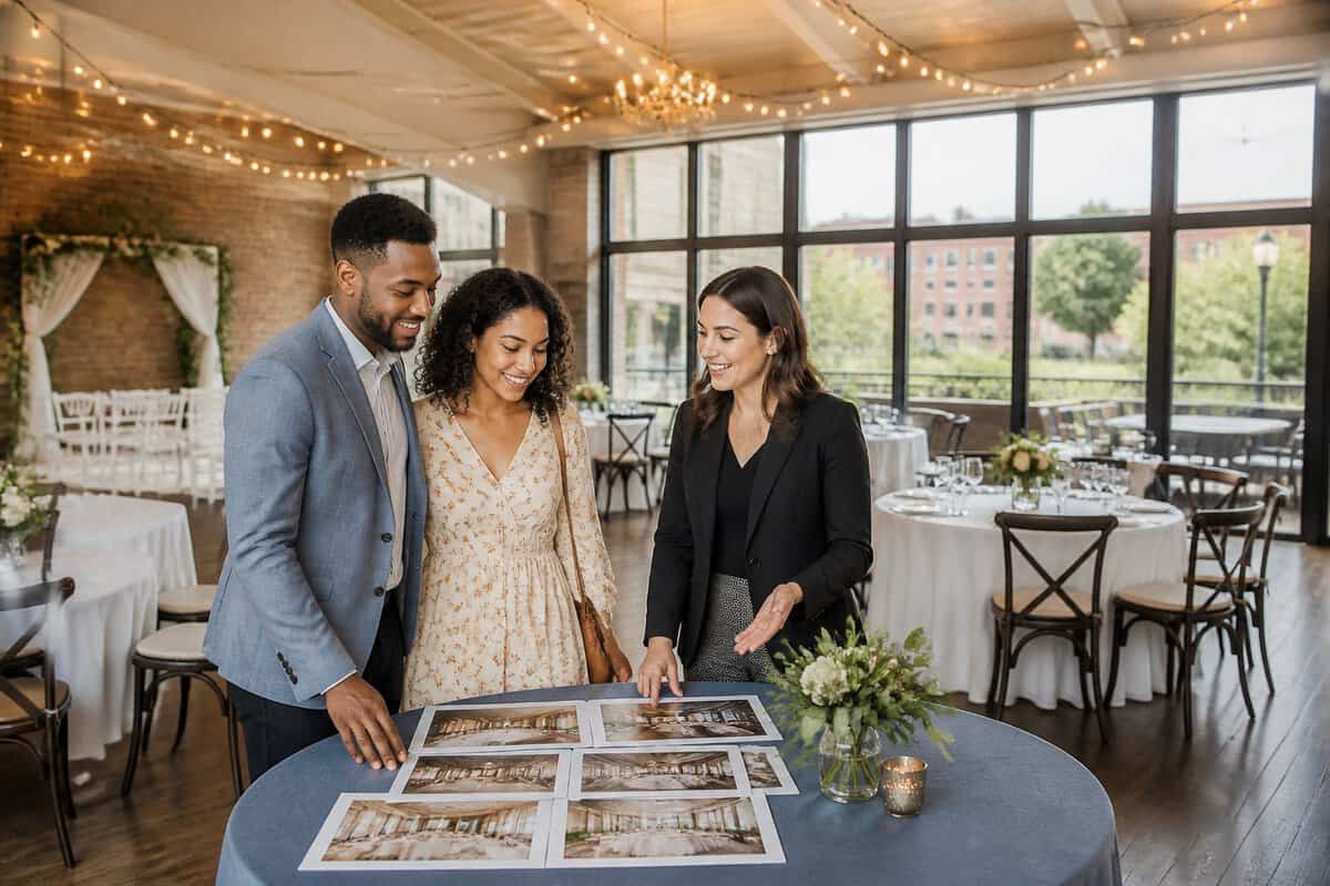 A couple and venue coordinator tour an affordable wedding reception space with simple tables, flowers, and warm lighting.