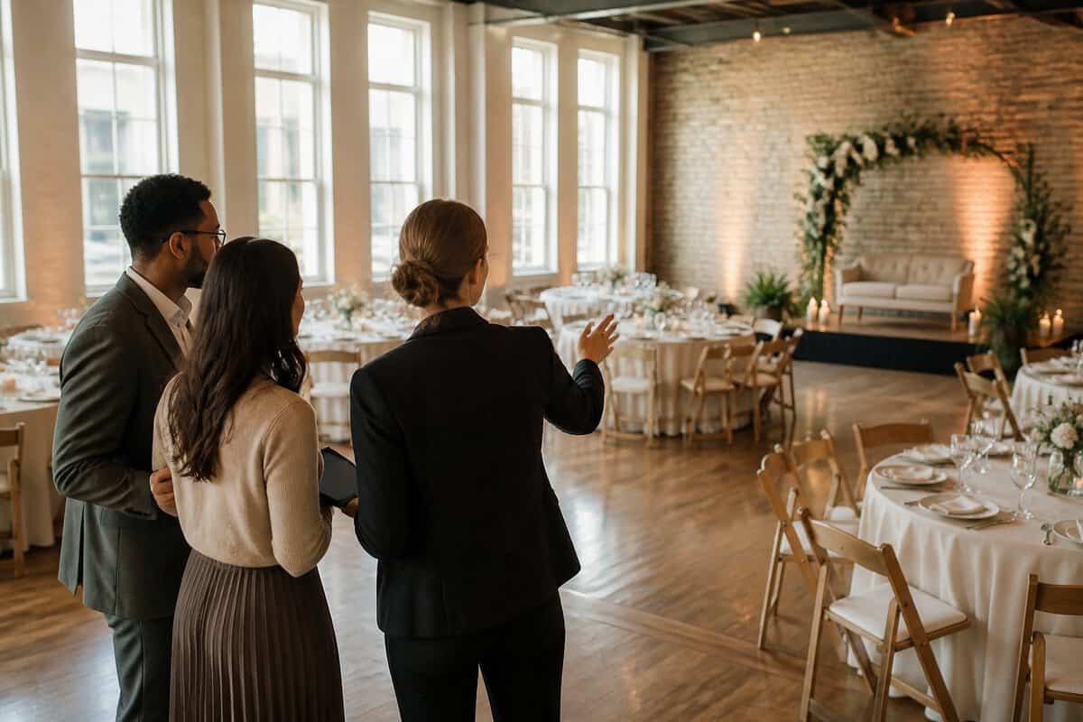 A couple and venue coordinator review a welcoming wedding venue arranged with tables, a dance floor, and a small ceremony area.