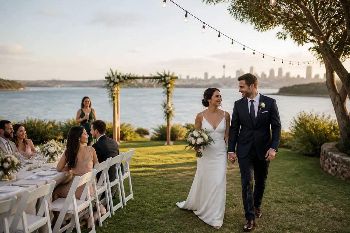 A newlywed couple and guests celebrate at an affordable outdoor wedding venue in Sydney.