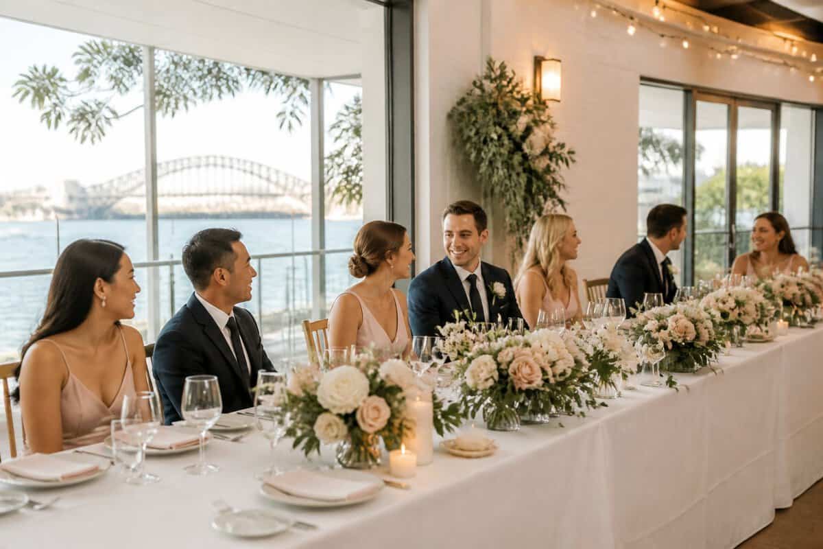 An elegant wedding reception setup with guests in a bright Sydney venue.