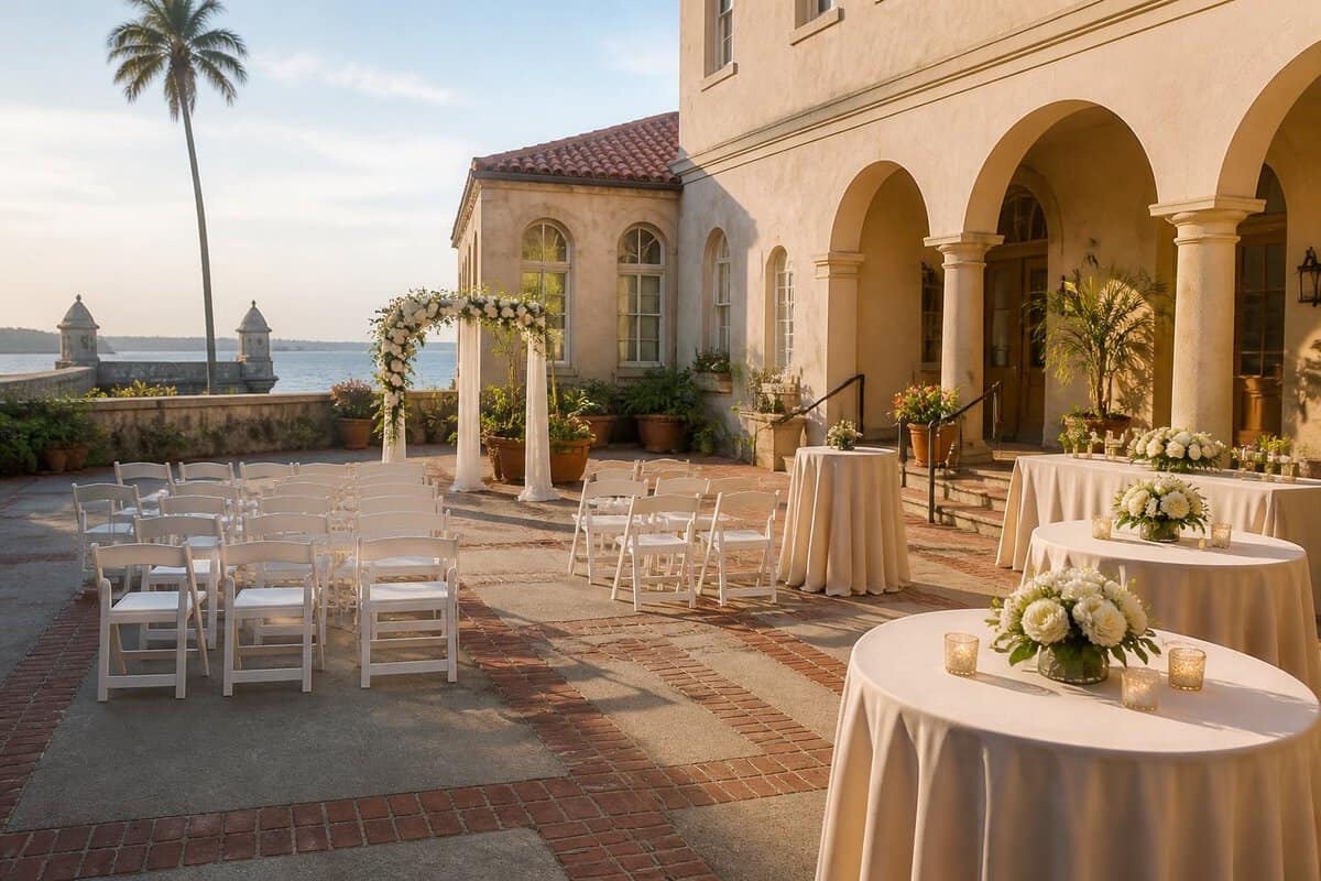 A modest outdoor wedding setup in a historic St. Augustine courtyard with white chairs, flowers, and palm greenery.