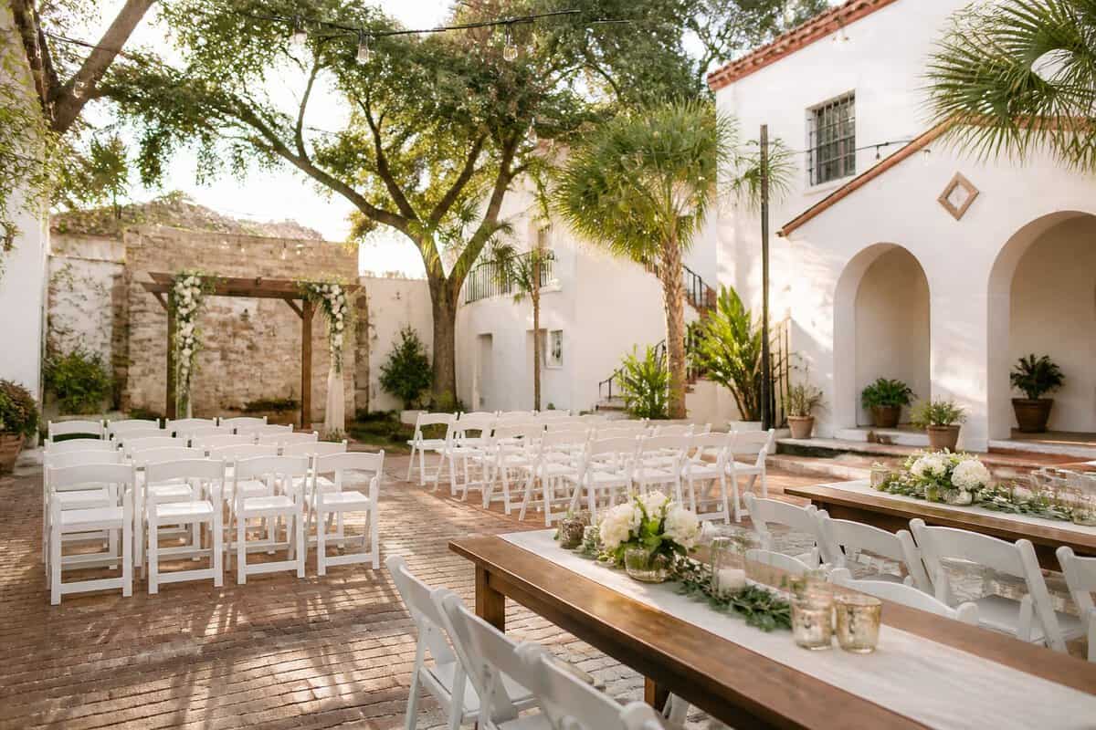 A modest historic courtyard in St. Augustine arranged for an intimate wedding ceremony.
