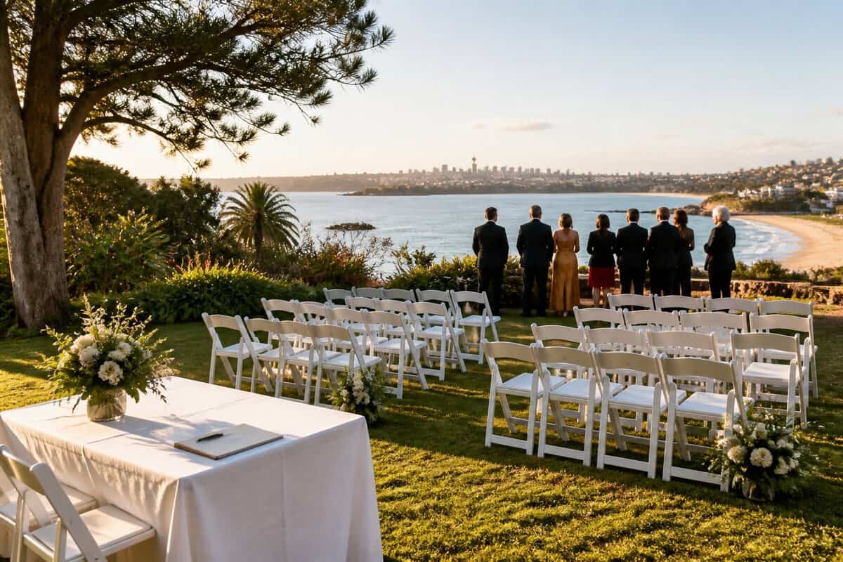 A modest outdoor wedding setup overlooking a scenic Sydney harbour, garden, and beach landscape.