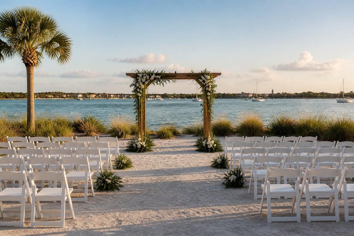 Simple outdoor wedding ceremony setup beside calm waterfront with white chairs, greenery, and palm trees.