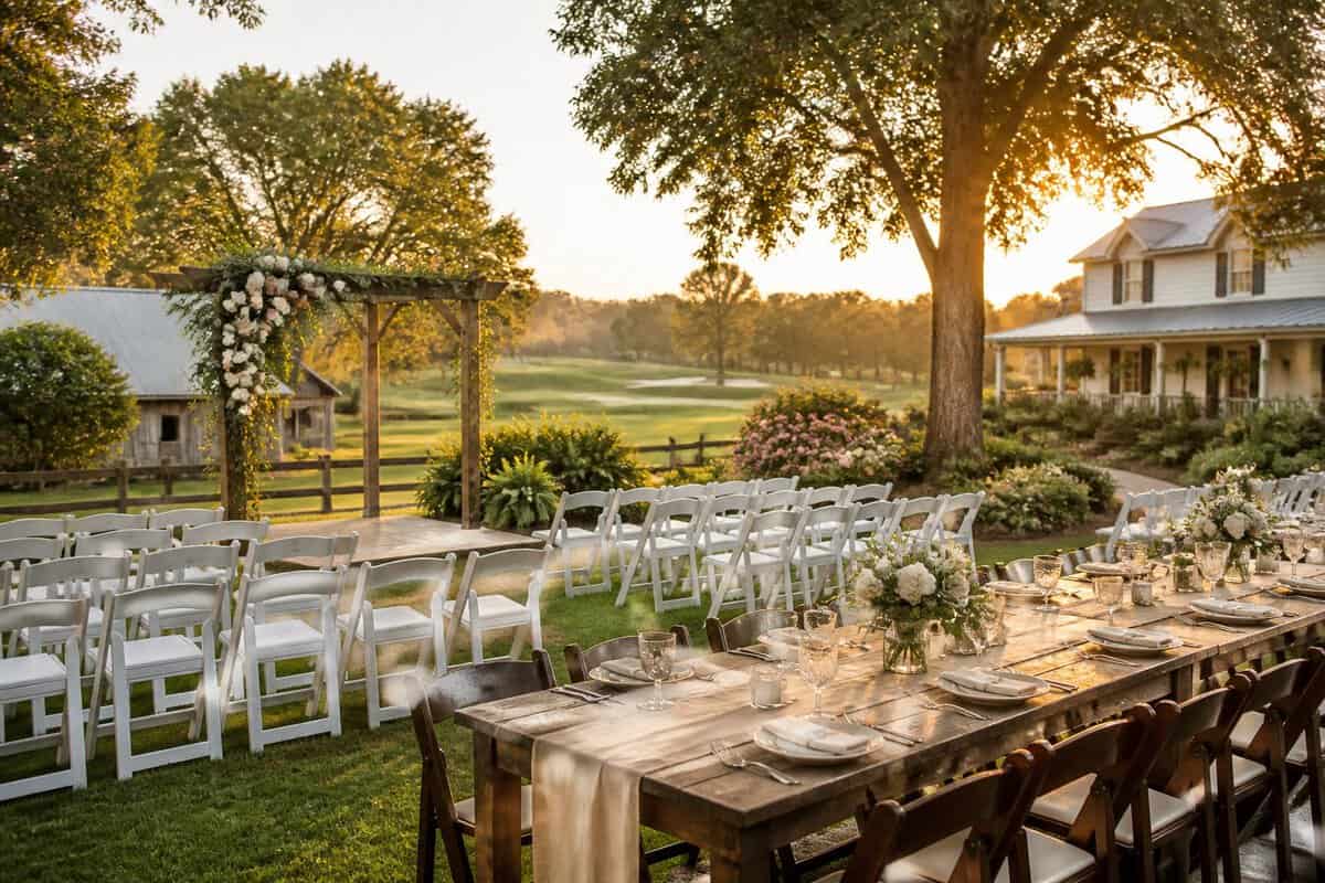 Outdoor wedding ceremony and reception setup in a garden beside a rustic venue and golf course.
