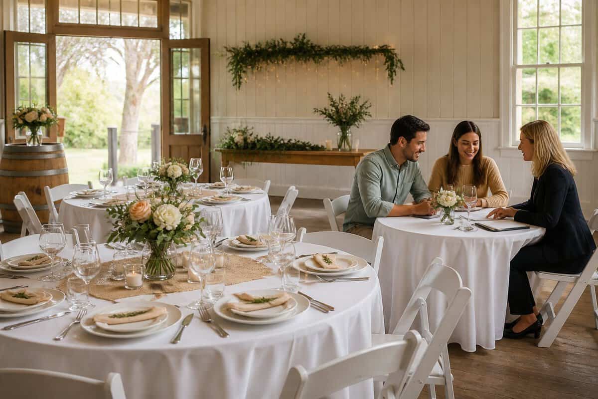 A couple reviews an affordable wedding reception setup with a planner in a bright, simply decorated venue.