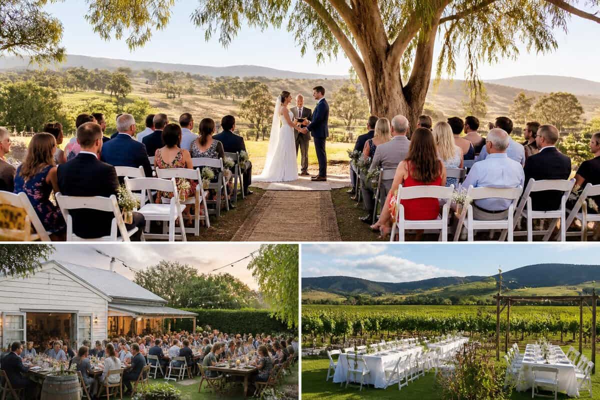 A small wedding ceremony and reception in an attractive affordable outdoor venue with simple decorations and guests.