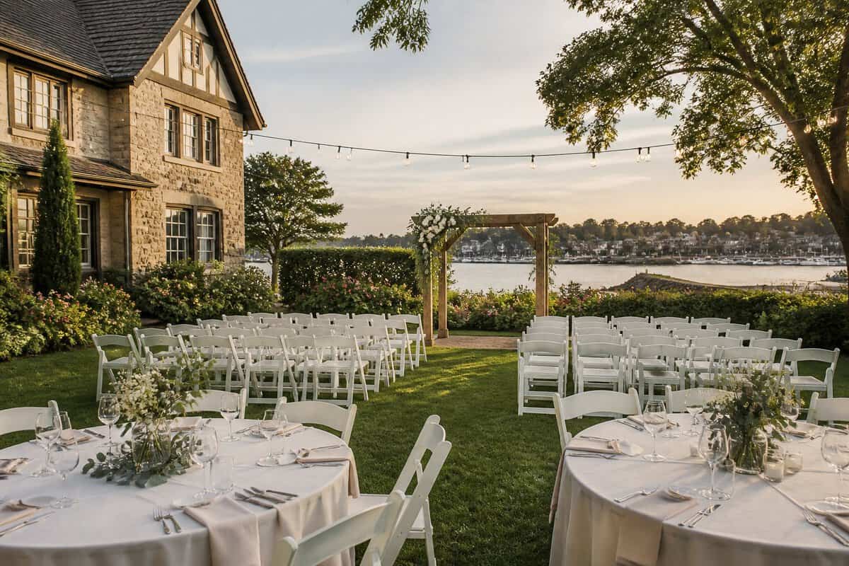 An intimate garden wedding venue with simple white chairs, floral decorations, and outdoor reception tables.
