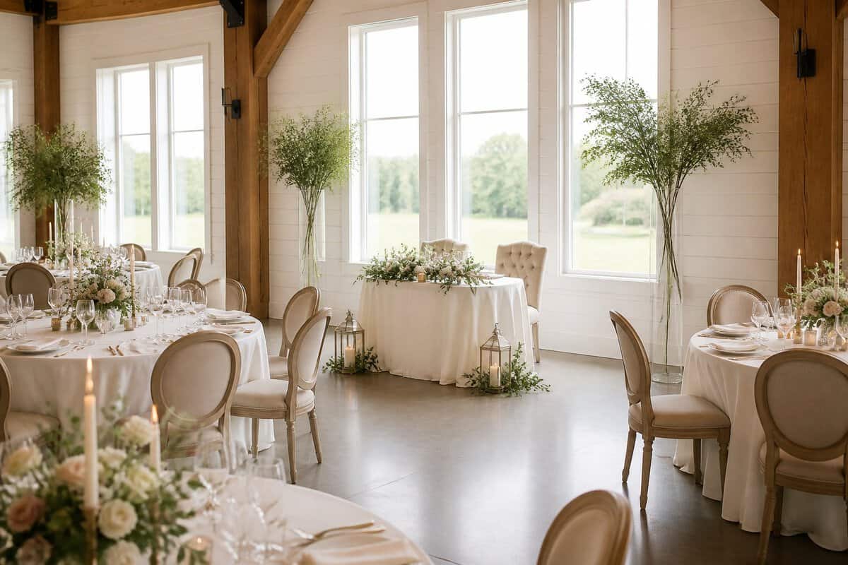 An elegant wedding reception venue with simple floral arrangements, candlelight, and refined table settings.