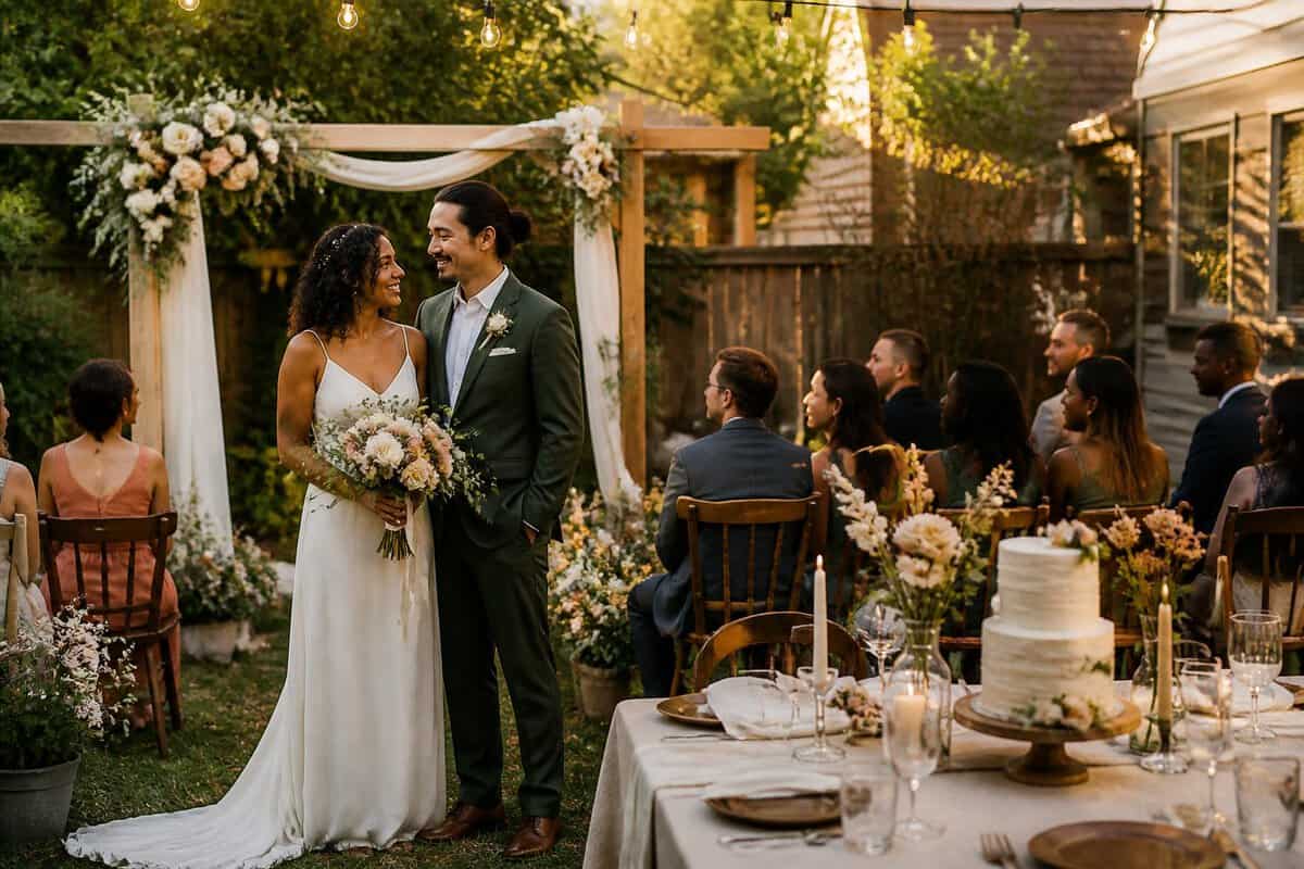 A couple celebrates an elegant backyard wedding surrounded by simple floral decorations, wooden chairs, and a warmly styled reception table.