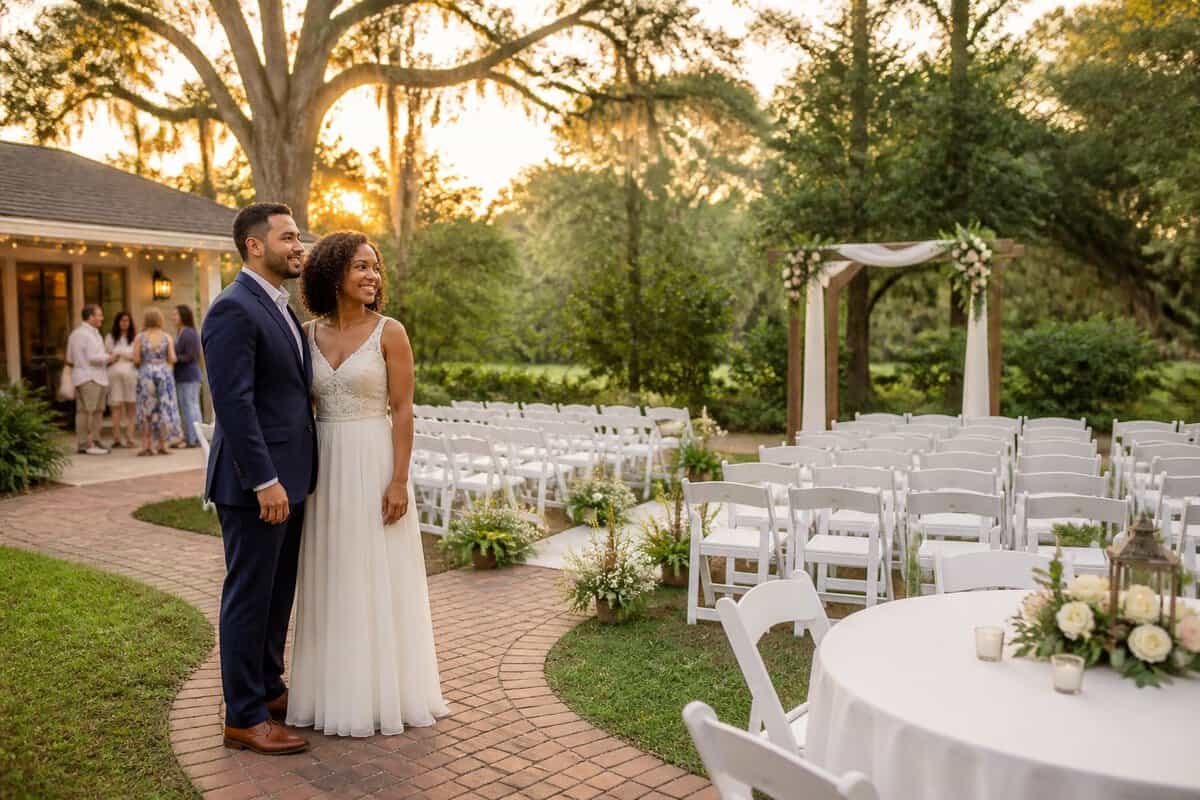 A couple explores an affordable outdoor wedding venue with simple decorations and garden surroundings.