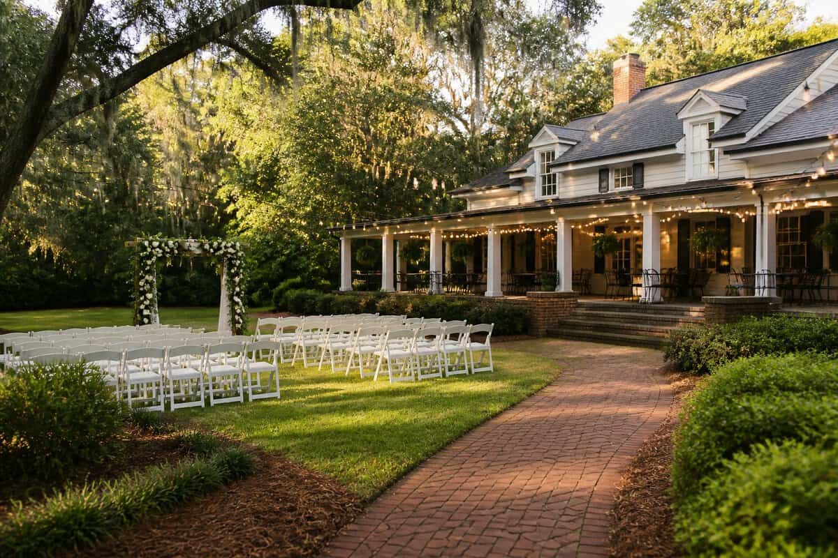 A modest outdoor wedding venue with white chairs, a floral arch, string lights, and lush greenery.