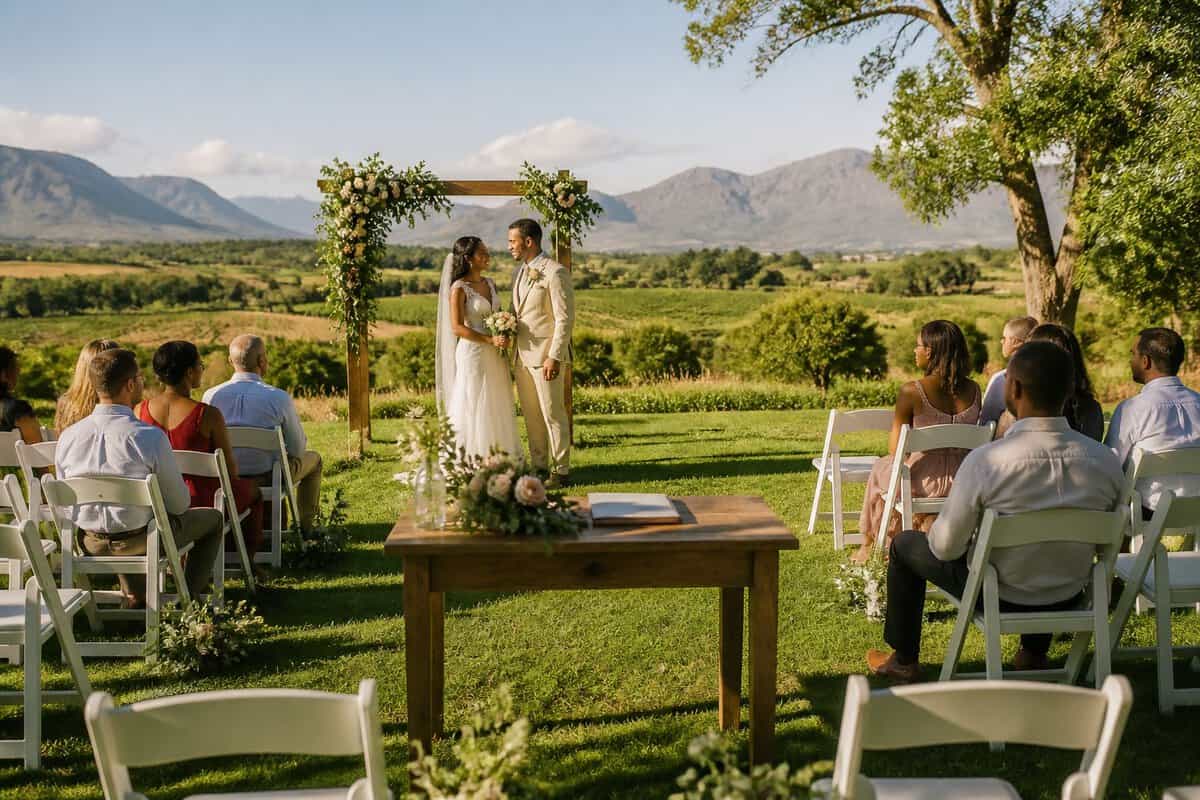 A couple stands at a simple outdoor wedding venue with chairs, flowers, and mountains in the background.